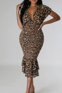 Leopard Print Celebrities Leopard Bandage Patchwork Backless V Neck Printed Dress Dresses