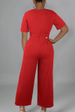Red Casual Solid Patchwork V Neck Loose Jumpsuits