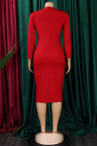 Red Elegant Solid Patchwork Zipper Stringy Selvedge O Neck Pencil Skirt Dresses