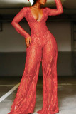 Red Sexy Solid Patchwork V Neck Straight Jumpsuits