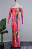 Colour Sexy Casual Print Backless Off the Shoulder Long Sleeve Dresses