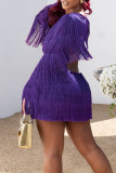 Purple Sexy Solid Tassel Hollowed Out Patchwork Backless O Neck Long Sleeve Dresses