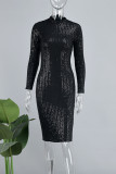 Black Casual Patchwork Sequins O Neck Long Sleeve Dresses