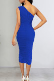Blue Sexy Solid Patchwork Fold One Shoulder Wrapped Skirt Dresses
