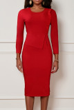 Red Elegant Solid Patchwork Zipper Stringy Selvedge O Neck Pencil Skirt Dresses