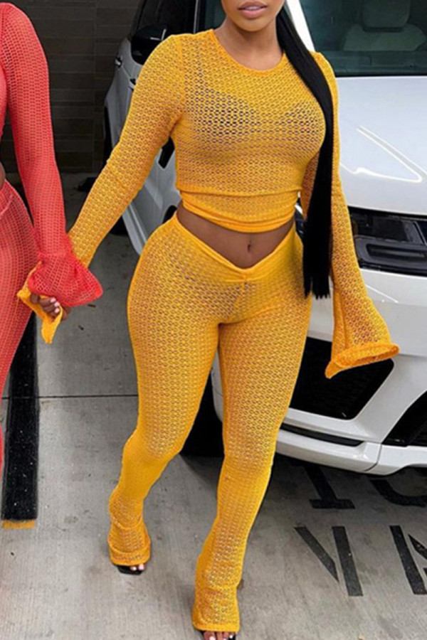 Yellow Sexy Solid Patchwork O Neck Long Sleeve Two Pieces