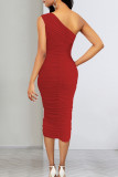 Red Sexy Solid Patchwork Fold One Shoulder Wrapped Skirt Dresses
