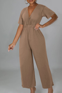 Khaki Casual Solid Patchwork V Neck Loose Jumpsuits