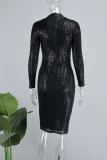 Green Casual Patchwork Sequins O Neck Long Sleeve Dresses