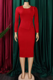 Red Elegant Solid Patchwork Zipper Stringy Selvedge O Neck Pencil Skirt Dresses