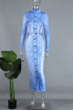 Blue Casual Print Basic Half A Turtleneck Long Sleeve Dresses