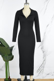 Black Elegant Solid Patchwork V Neck Long Dress Dresses