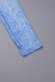 Blue Casual Print Basic Half A Turtleneck Long Sleeve Dresses