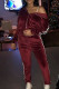Burgundy Casual Patchwork Pocket Zipper O Neck Long Sleeve Two Pieces
