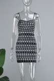 Black Street Print Patchwork Spaghetti Strap Wrapped Skirt Dresses