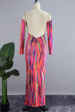 Colour Sexy Casual Print Backless Off the Shoulder Long Sleeve Dresses