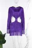 Purple Sexy Solid Tassel Hollowed Out Patchwork Backless O Neck Long Sleeve Dresses