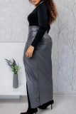 Grey Sweet Solid Patchwork Buttons High Opening Regular High Waist Straight Solid Color Bottoms