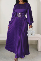 Purple Casual Solid Patchwork Pleated O Neck Long Dress (Without Belt)