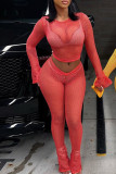 Red Sexy Solid Patchwork O Neck Long Sleeve Two Pieces