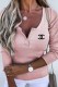 Pink Casual Print Letter Button Collar Tops