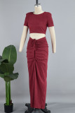 Burgundy Sexy Solid Bandage Patchwork Draw String O Neck Short Sleeve Two Pieces
