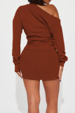 Brownness Sexy Street Solid Patchwork Oblique Collar Long Sleeve Two Pieces