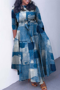 The cowboy blue Elegant Print Bandage Patchwork Zipper O Neck Printed Dress Dresses