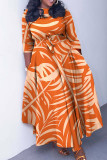 Brown Elegant Print Bandage Patchwork Zipper O Neck Printed Dress Dresses
