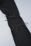Black Casual Solid Bandage Patchwork Pocket Boot Cut High Waist Speaker Patchwork Bottoms