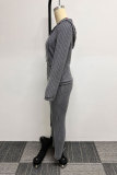 Grey Casual Daily Pants Hooded Collar Long Sleeve Two Pieces