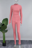 Pink Street Solid Patchwork Slit O Neck Long Sleeve Two Pieces