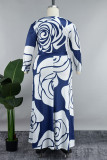Blue White Casual Print Frenulum V Neck Long Dress Plus Size Dresses