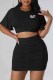 Black Casual Print Fold Letter O Neck Short Sleeve Two Pieces