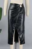 Black Casual Solid Patchwork Slit Skinny High Waist Conventional Solid Color Skirts