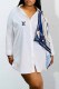 White Elegant Print Patchwork Letter Turndown Collar Tops(Without Belt)