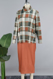 Tangerine Red Casual Print Patchwork O Neck Long Sleeve Two Pieces