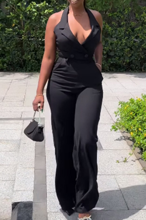Black Sweet Solid Patchwork Buttons V Neck Regular Jumpsuits