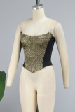 Gold Casual Solid Patchwork Backless Strapless Tops