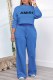 Blue Casual Print Letter O Neck Long Sleeve Two Pieces