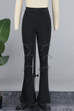 Black Casual Solid Bandage Patchwork Pocket Boot Cut High Waist Speaker Patchwork Bottoms
