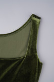 Dark Green Casual Solid Backless U Neck Vest Dress Dresses (With Sleeves)