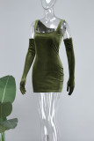 Dark Green Casual Solid Backless U Neck Vest Dress Dresses (With Sleeves)