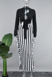 Black Casual Color Block Tassel Patchwork Contrast V Neck Long Sleeve Two Pieces