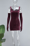 Deep Red Casual Solid Backless U Neck Vest Dress Dresses (With Sleeves)