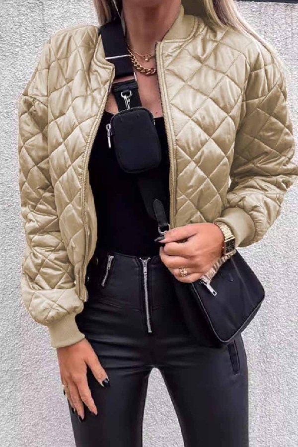 Apricot Casual Solid Patchwork Zipper Collar Outerwear