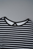 Black Casual Striped Print Backless O Neck Long Sleeve Two Pieces