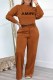Brown Casual Print Letter O Neck Long Sleeve Two Pieces