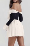 Apricot Sexy Casual Patchwork Backless Off the Shoulder Long Sleeve Dresses