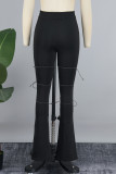 Black Casual Solid Bandage Patchwork Pocket Boot Cut High Waist Speaker Patchwork Bottoms